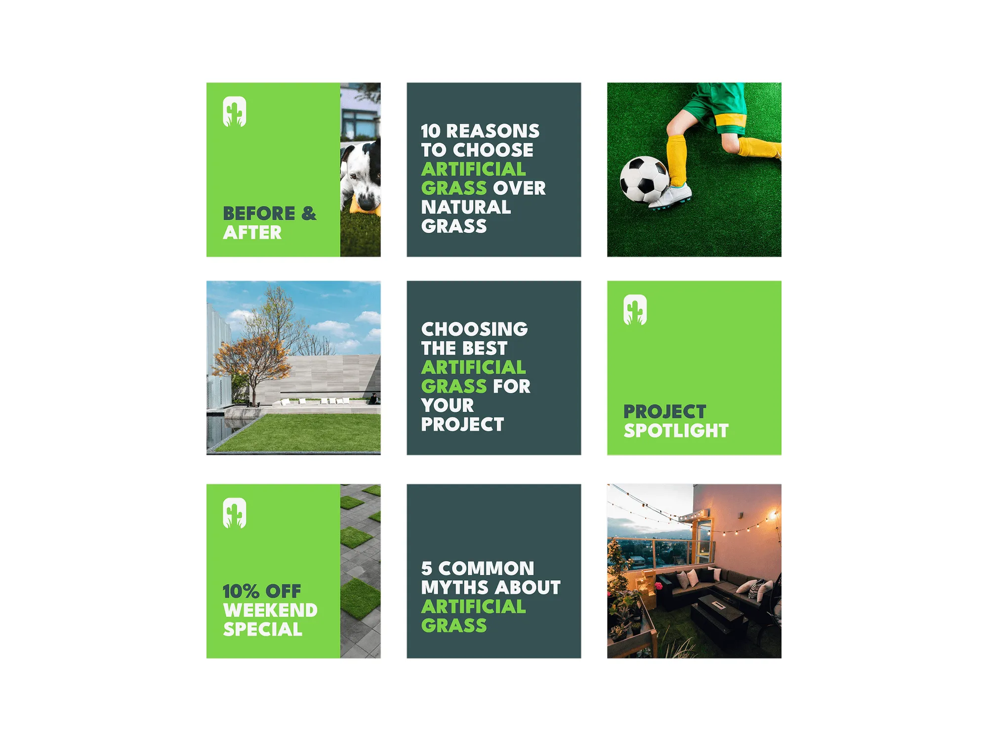 Social media post templates in the new brand, including before-and-after and myth-busting posts