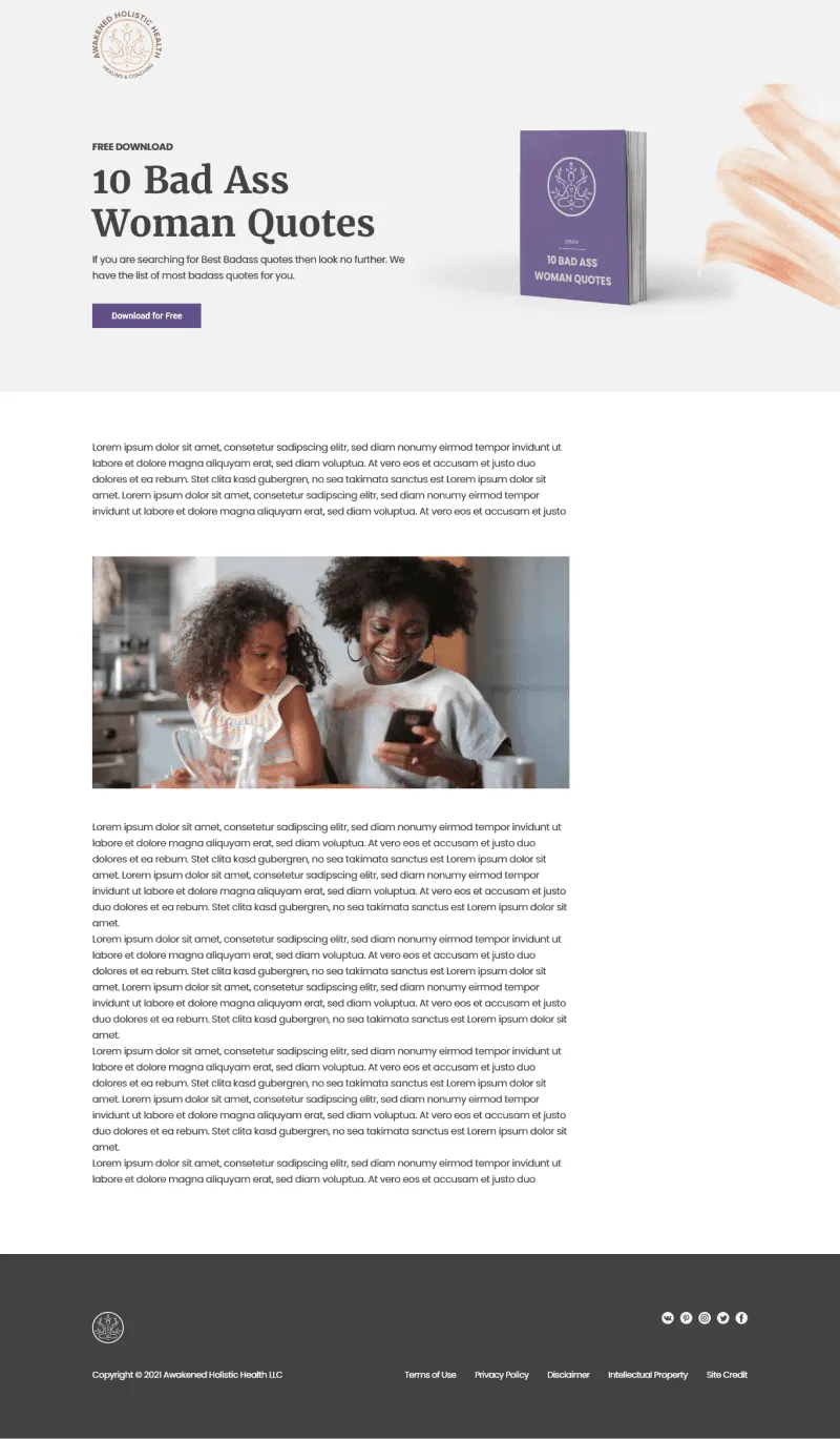 Resource download page for a free guide, in the new design