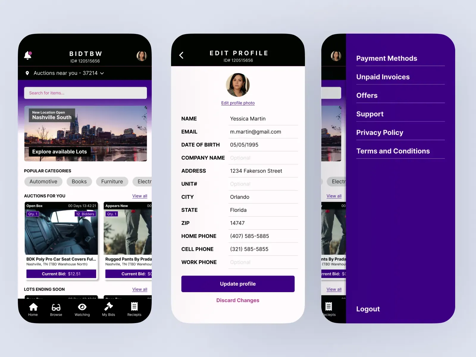 Screens from a local auction bidding app: browsing, profile and navigation