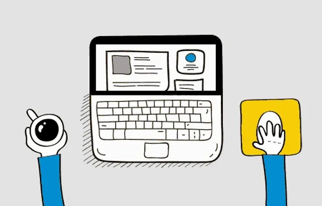 Illustration of hands at a laptop with a coffee cup and a sticky note, sketching out an idea