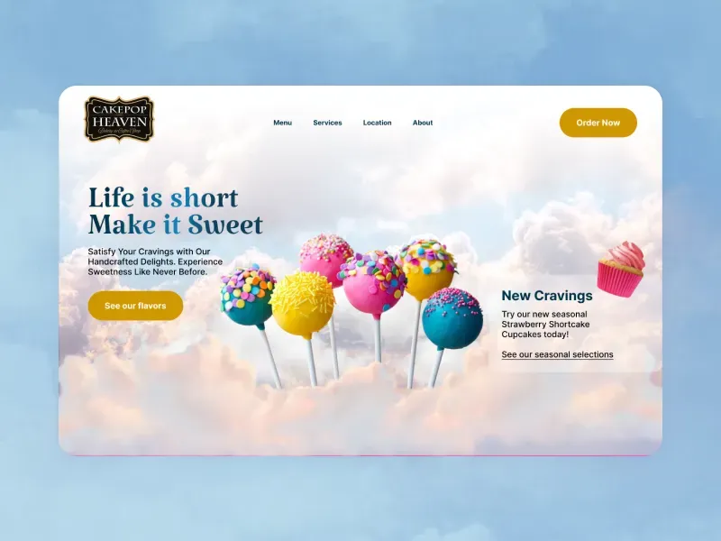 Illustrated, animated landing page for a cake-pop bakery