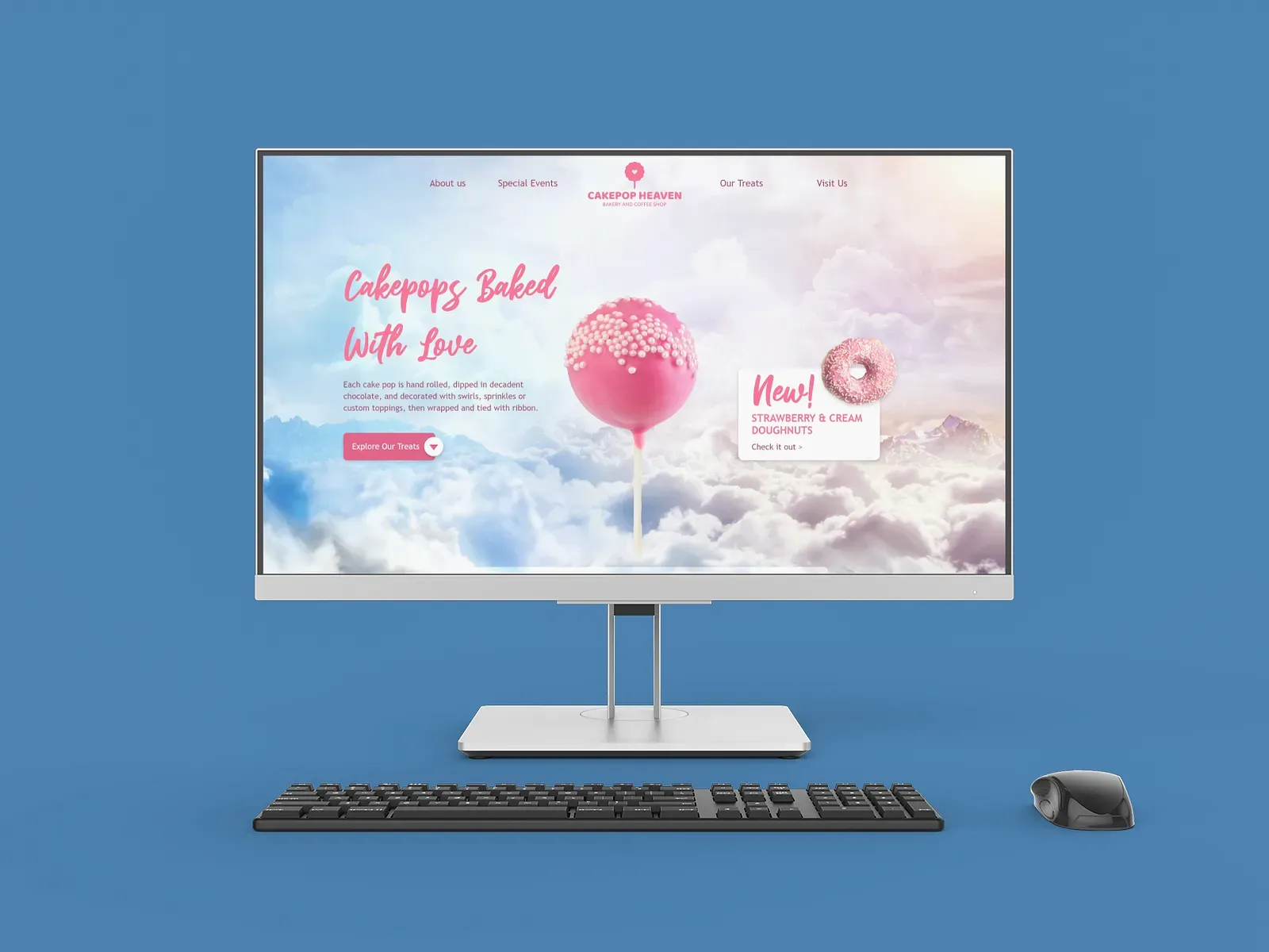 Home page for a cake-pop bakery and coffee shop, shown on a monitor