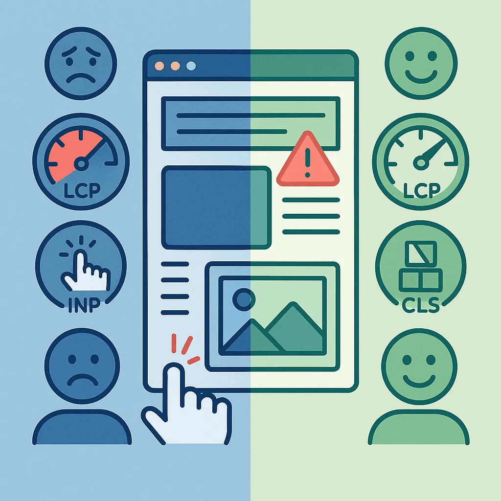 Illustration comparing a slow, unstable web page with a fast one, labelled LCP, INP and CLS