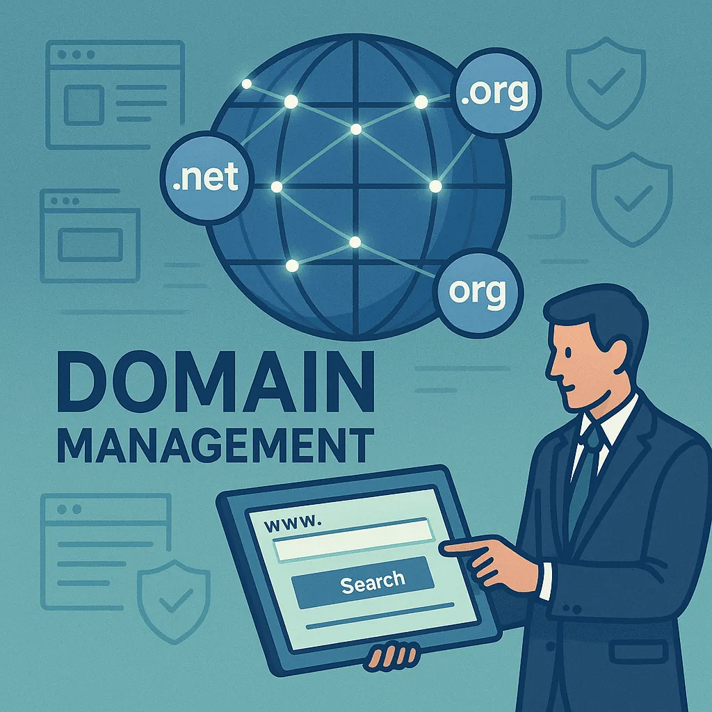 Illustration of a globe with domain extensions and a person entering a web address on a tablet