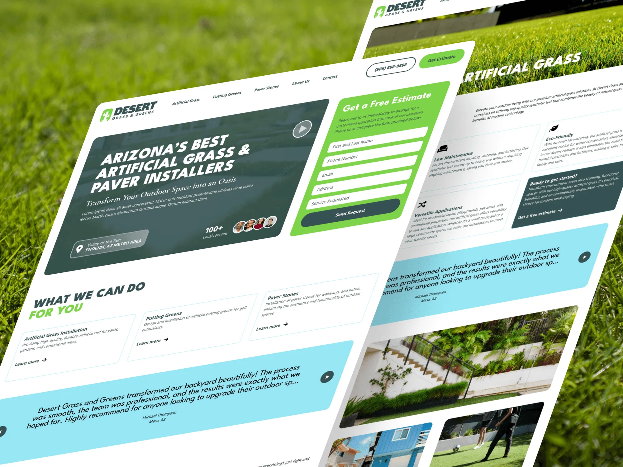 Desert Grass and Greens homepage and service page, shown on a lawn background