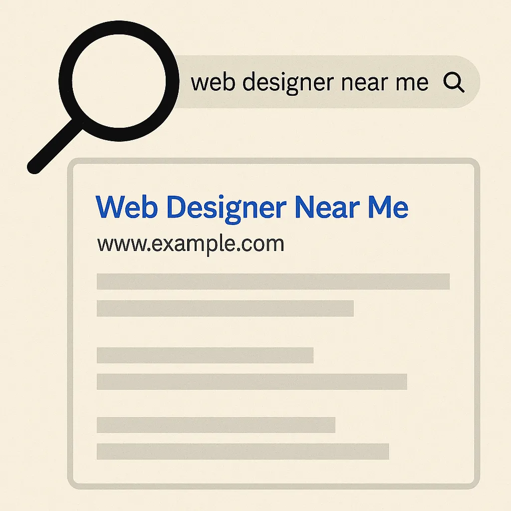 Illustration of a search bar reading "web designer near me" above a search result