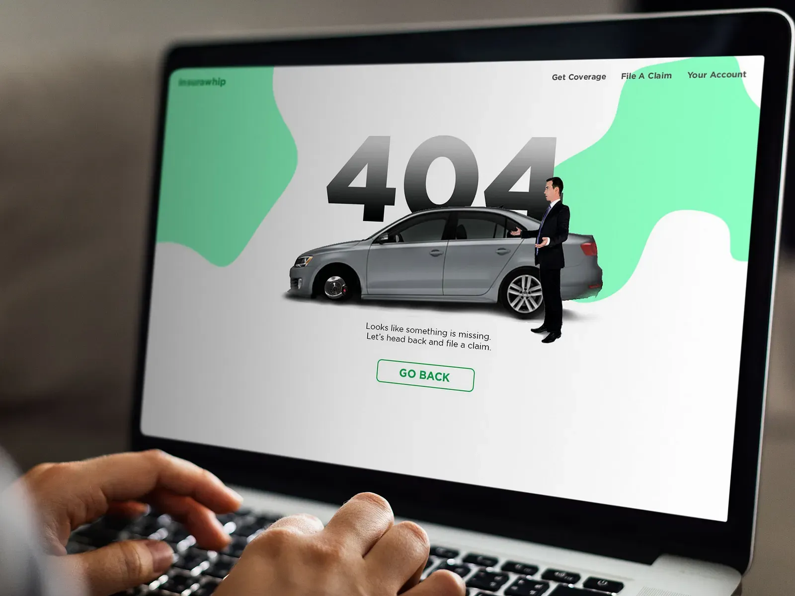 Illustrated 404 page for an insurance website: a car missing a wheel