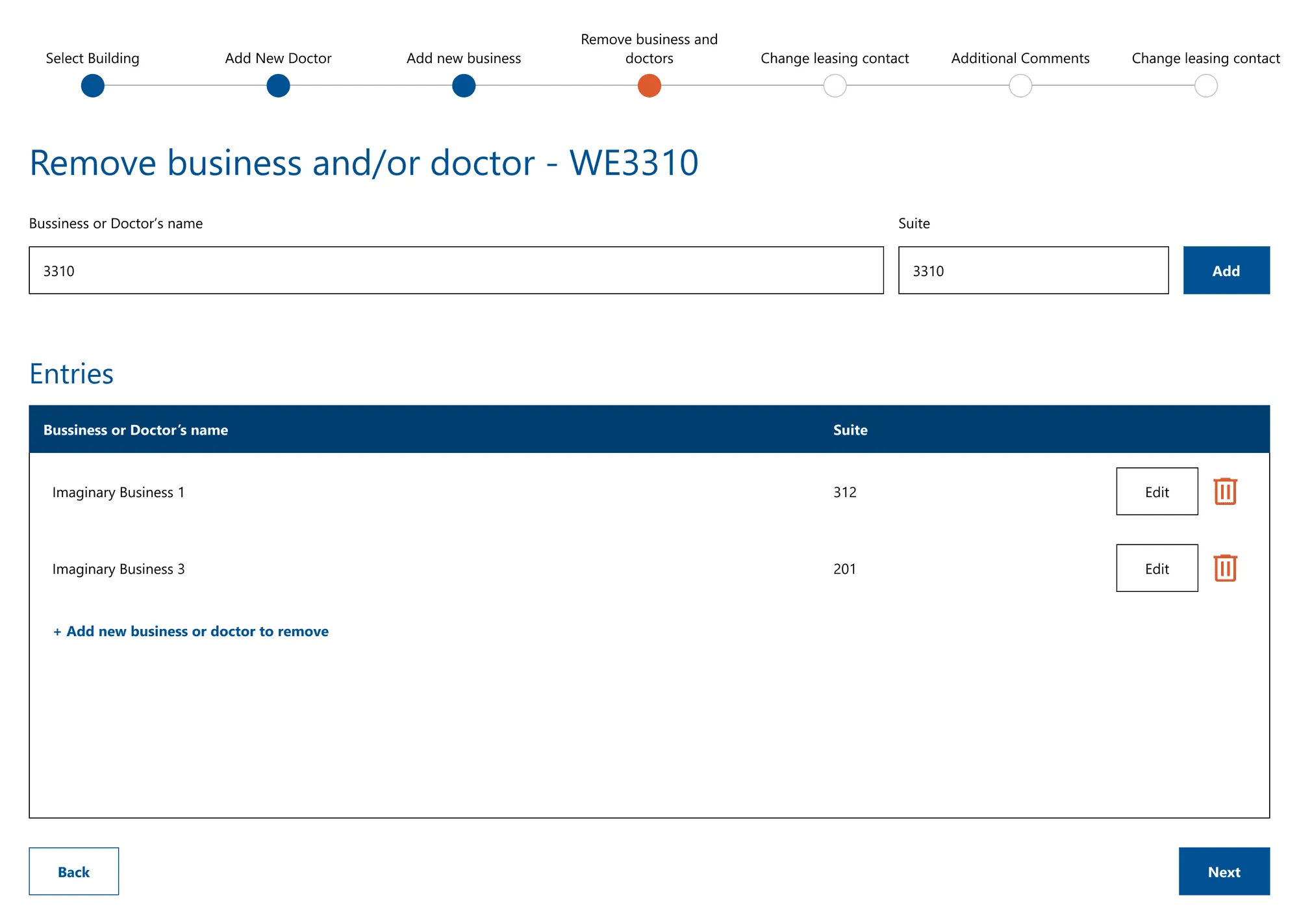 Step-by-step directory change request form, on the step for removing a business or doctor