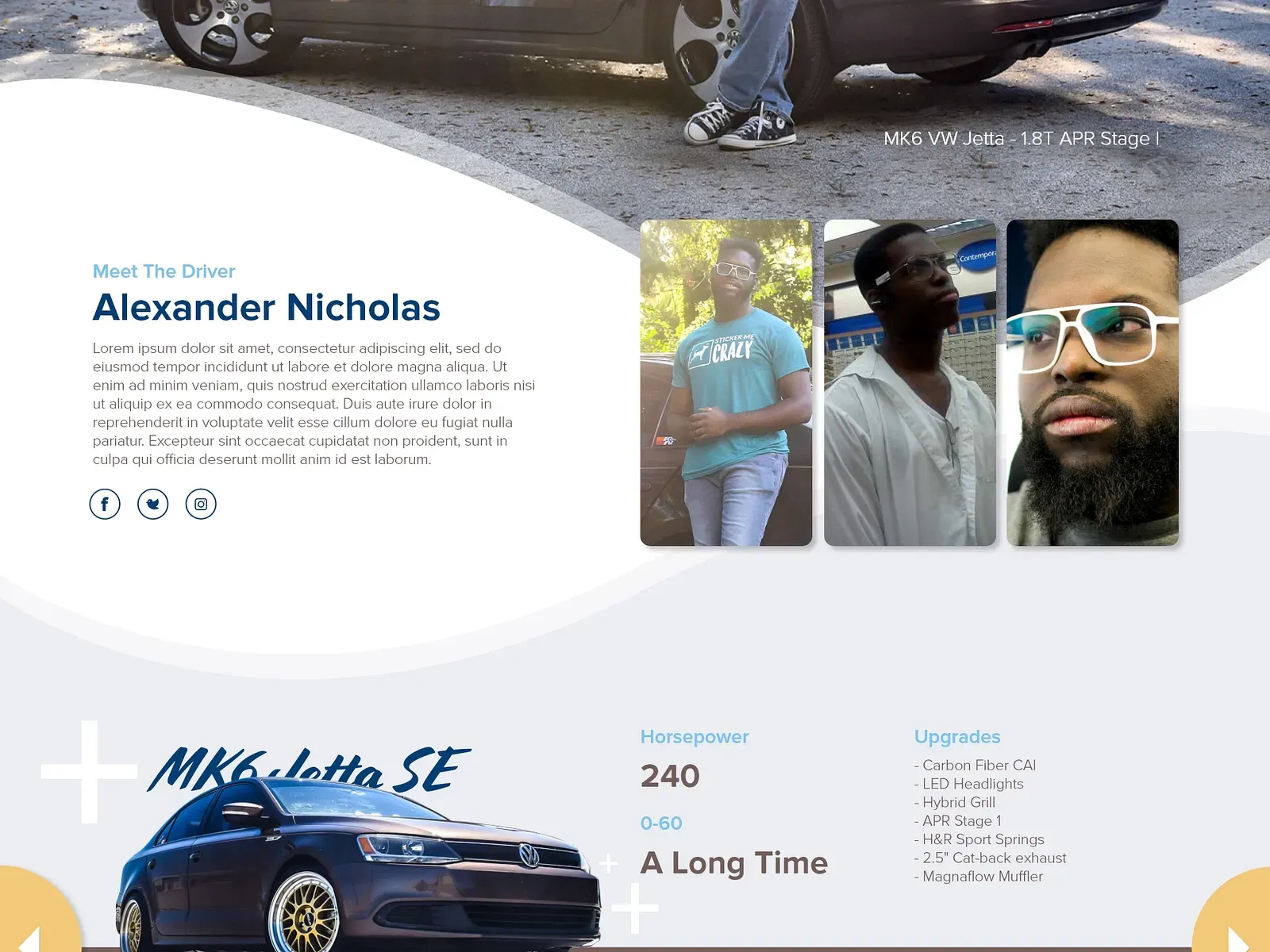Driver profile page showing the cars, social reach and story