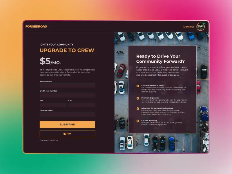 Subscription and payment screen for an automotive meetup app
